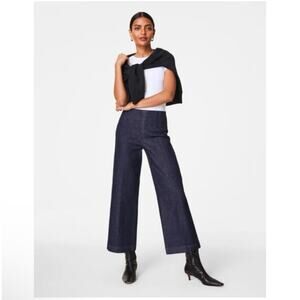 Spanx Jeans Womens XS Blue Zero Waistband Cropped Wide Leg Raw Indigo New Denim